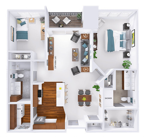 a 3d rendering of a bedroom and bathroom floor plan